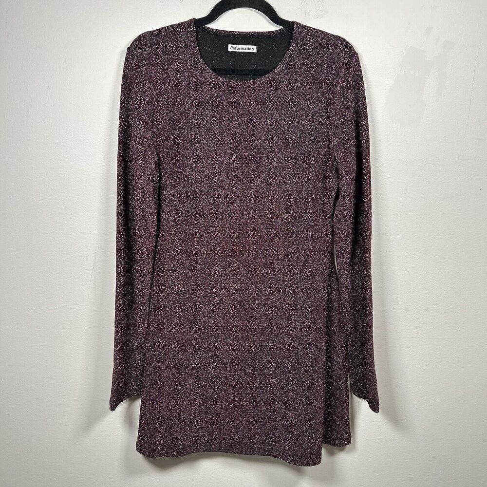 Reformation Riley Fit & Flare Long Sleeve Purple Black Metallic Dress Size XL